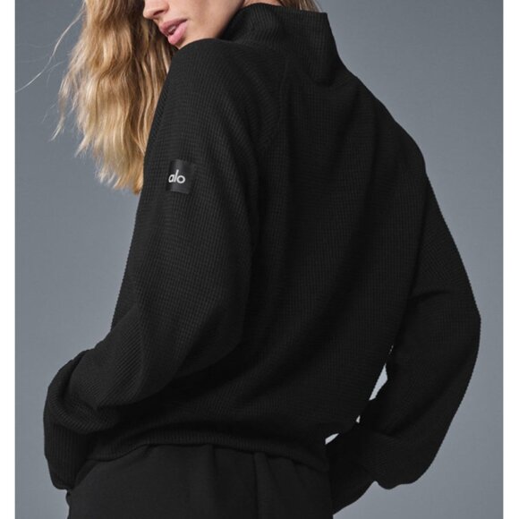 Alo Waffle Weekend Escape Mock Neck Long Sleeve Black Turtleneck Thermal Sweater - Picture 2 of 10